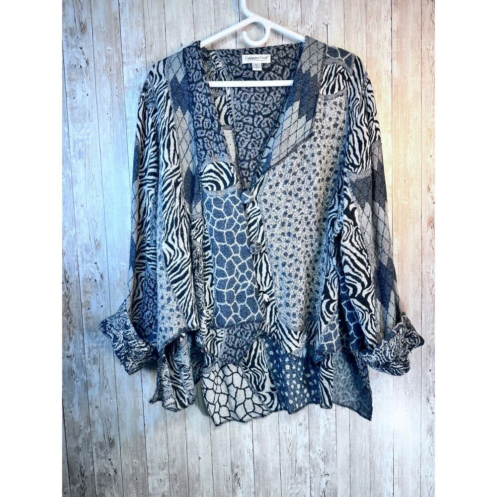 Coldwater Creek Swing Cardigan Womens PL Black Gray Zebra Mixed Print Wool Rayon